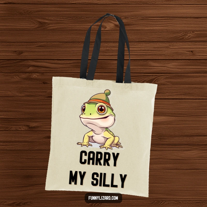 Funny goofy lizard with a tiny, jaunty hat making this tote bag a statement of humor and practicality.