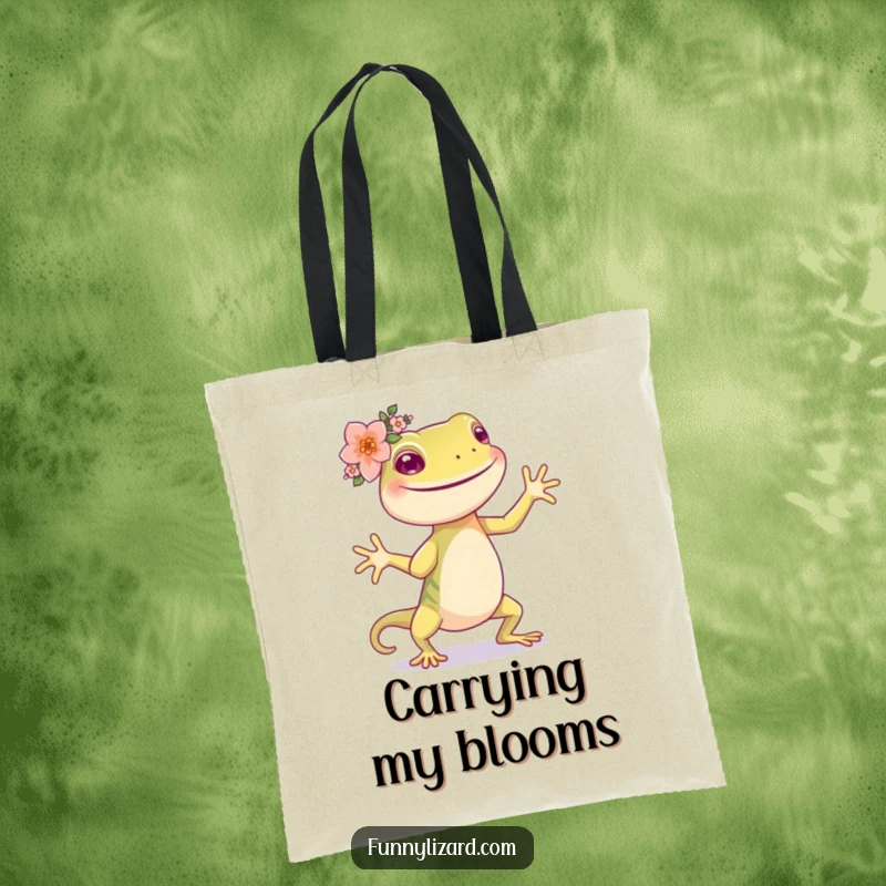 Funny happy lizard with a flower crown on its head, dancing and carrying a tote bag.