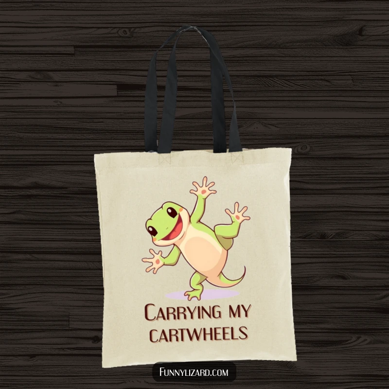 Funny tote bag with a playful lizard doing a cartwheel and grinning, perfect for carrying items with a fun attitude.