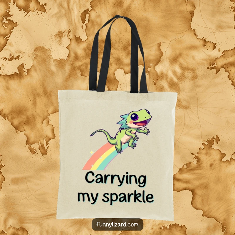 Funny energetic lizard zooming down a rainbow with sparkles, depicted on a durable, eco-friendly tote bag.
