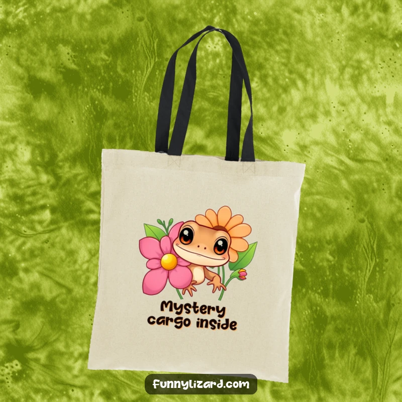 Funny brown lizard tote bag, illustrating a curious lizard with big eyes peeking from behind a vibrant flower, perfect for everyday use.