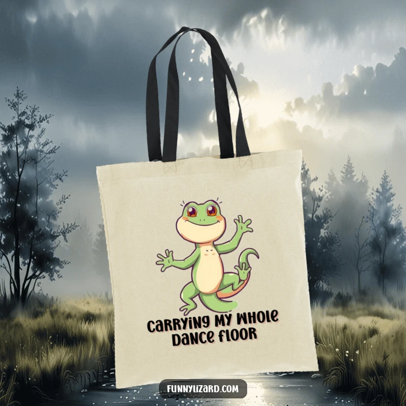 Funny energetic lizard performing a lively dance with its tail, making this tote bag a unique and humorous accessory.