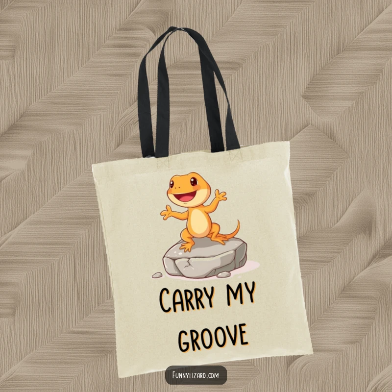 Funny orange lizard tote bag, illustrating a happy lizard with short legs doing a little jig on a rock, perfect for daily use.