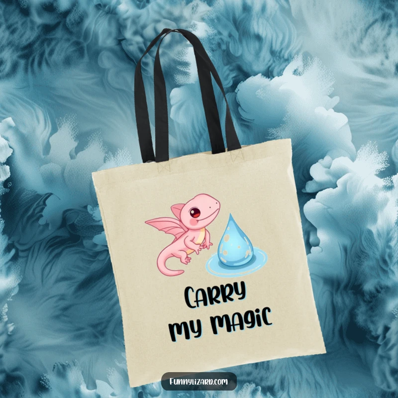 Funny pink lizard tote bag, illustrating a whimsical lizard with tiny wings gently flapping near a water droplet, perfect for daily use.