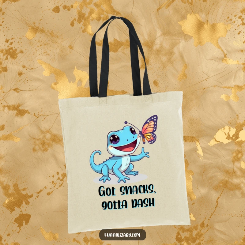 Funny blue lizard tote bag, illustrating a playful lizard with a wide grin chasing a shimmering butterfly, great for everyday use.